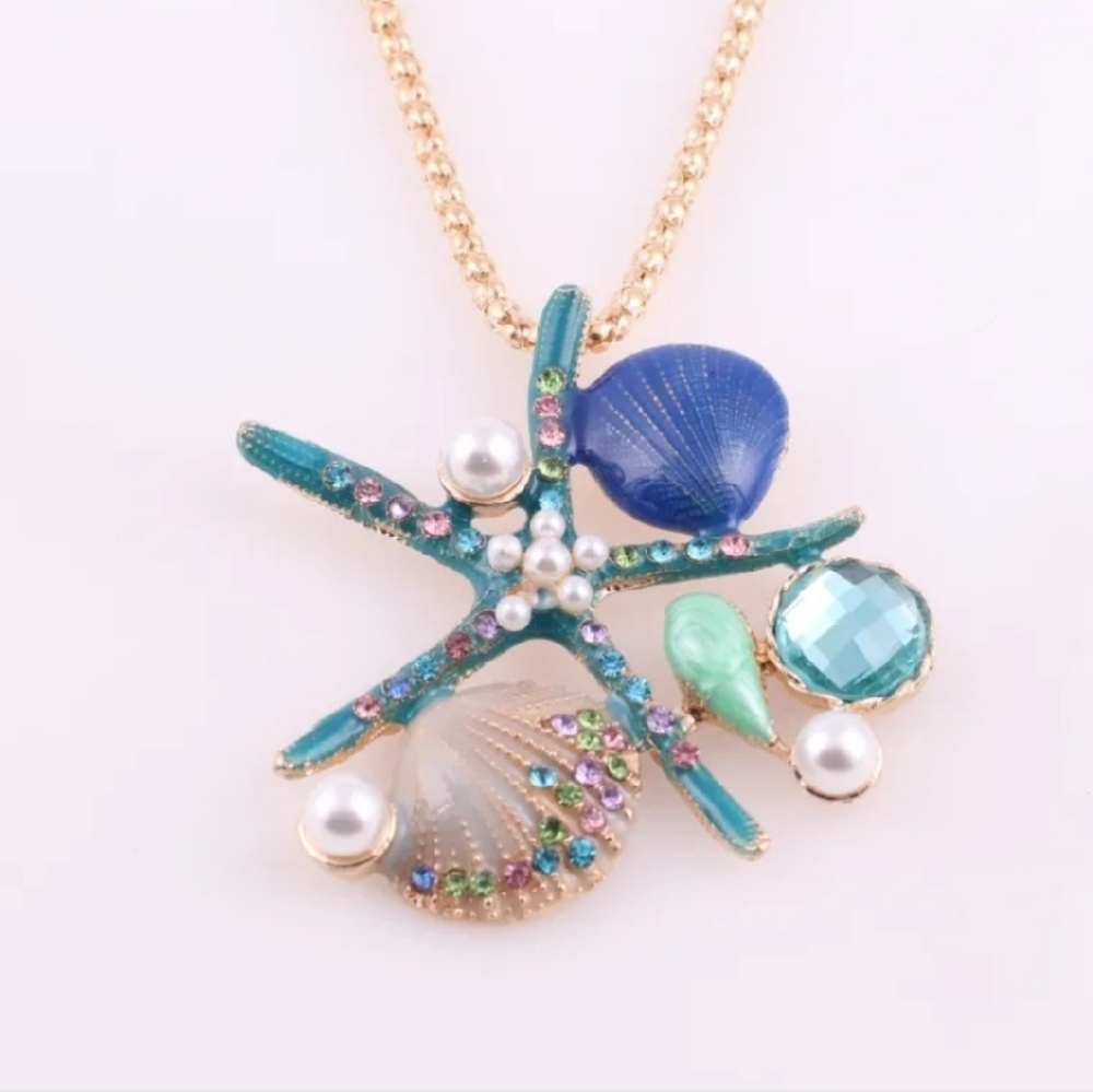 Starfish Pendant Necklace Shells Rhinestones Simulated Pearls - Picture 1 of 8